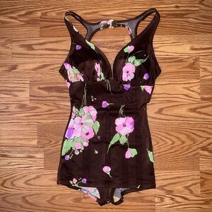 Vintage 1960s DeWeese Designs Brown Floral One-Piece Swimsuit Size 10/32